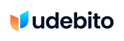 The image shows the word "udebito" in bold, dark letters next to a stylized logo with orange, blue, and light blue gradients on a light background.